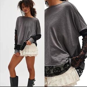 Free People Gray Long Sleeve Lace Tee Oversized